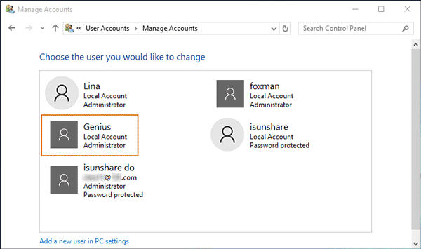 choose admin account to delete in control panel