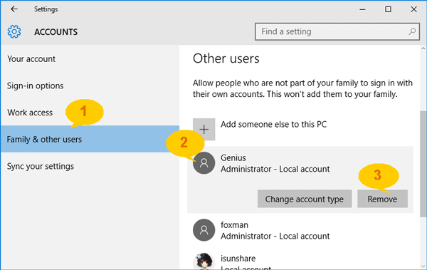 choose administrator account to remove in pc settings