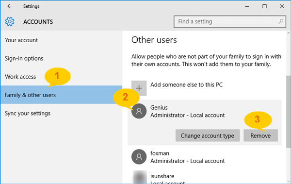 choose administrator account to remove in pc settings