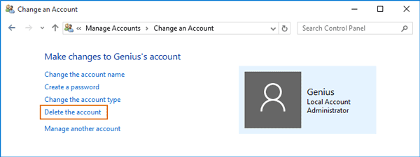 delete account windows 10 administrator