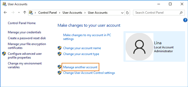 manage another user in control panel