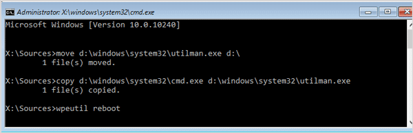 replace utilman with cmd using installation disc