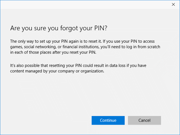 confirm windows 10 pin forgot