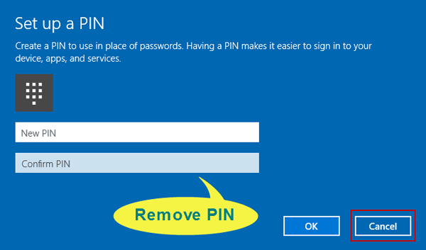 remove pin code in windows 10