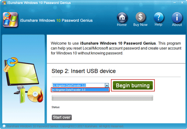 choose usb to burn windows 10 password genius