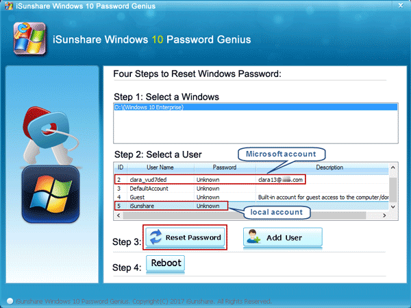 select user account to reset password on windows 10