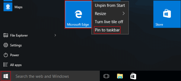 pin microsoft edge to taskbar