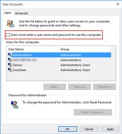 windows 10 no user option