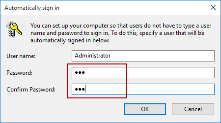 specify automatic login user and password