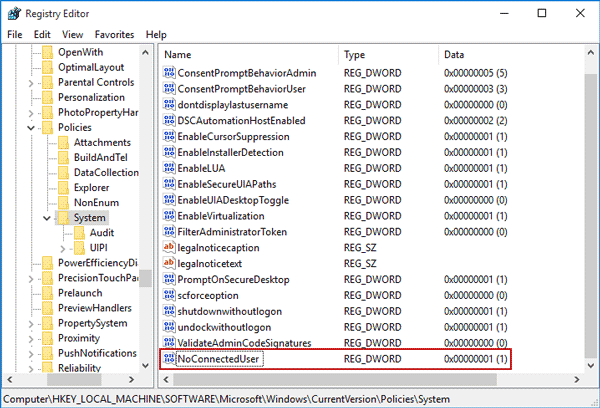 close registry editor after setting noconnecteduser value