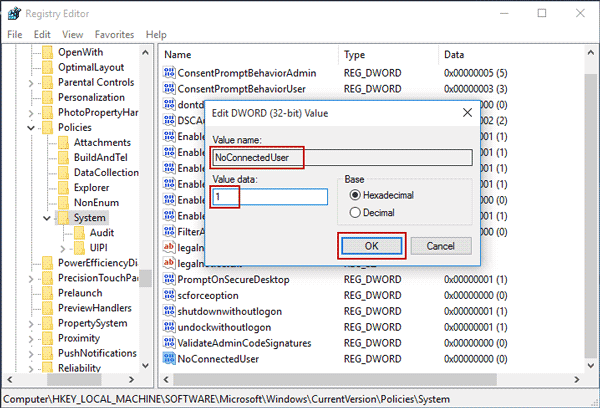 create noconnecteduser key and set right value