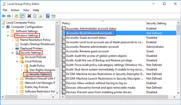 find option to block Microsoft account in group policy