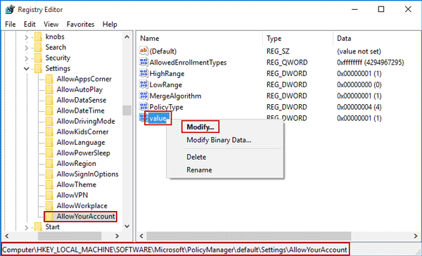 navigate to location of allowyouraccount key in registry