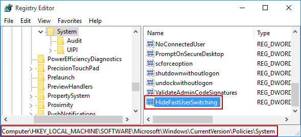 find HideFastUserSwitching value in registry editor