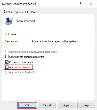 deselect Account is disabled option