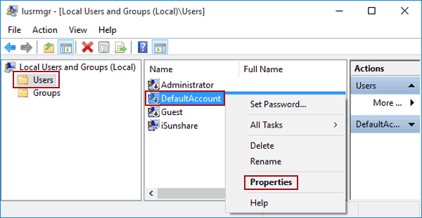 open default account properties