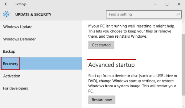 find advanced startup in settings