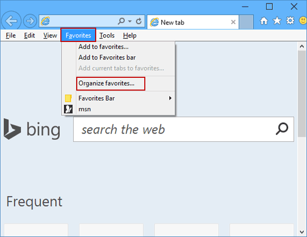 How to Go to Organize Favorites in Windows 10 IE