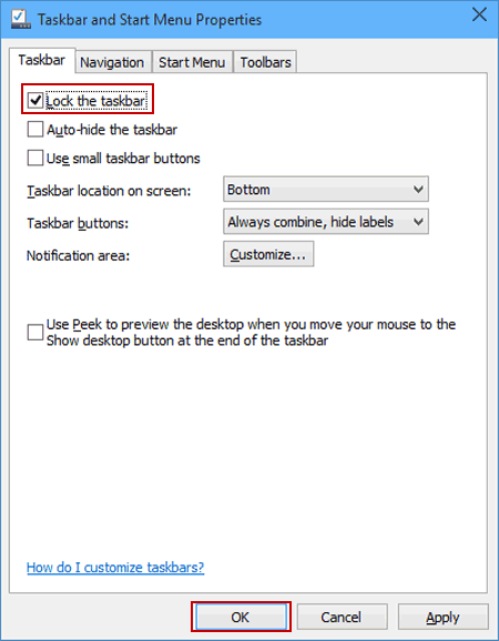 choose lock the taskbar and tap OK