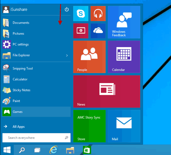 drag down top line of start menu