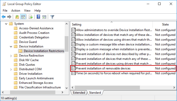 open prevent installation of removable devices