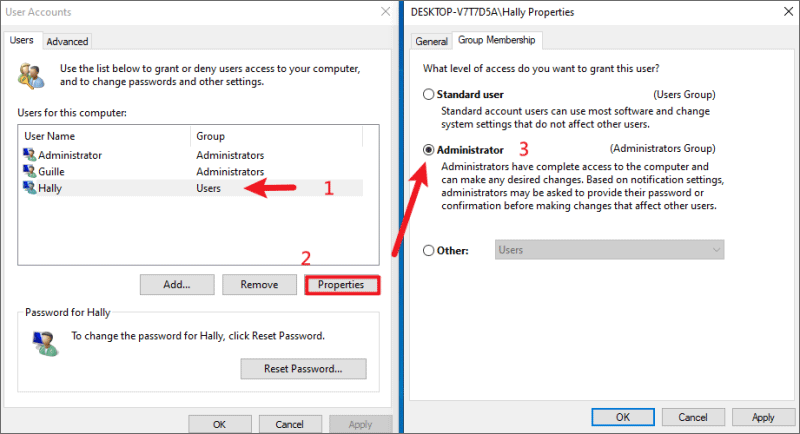 change the standard user to administrator