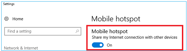 turn on Share my Internet connection