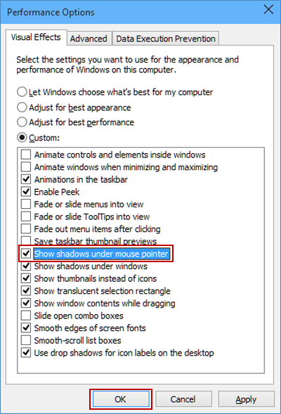 select Show shadows under mouse pointer and tap ok