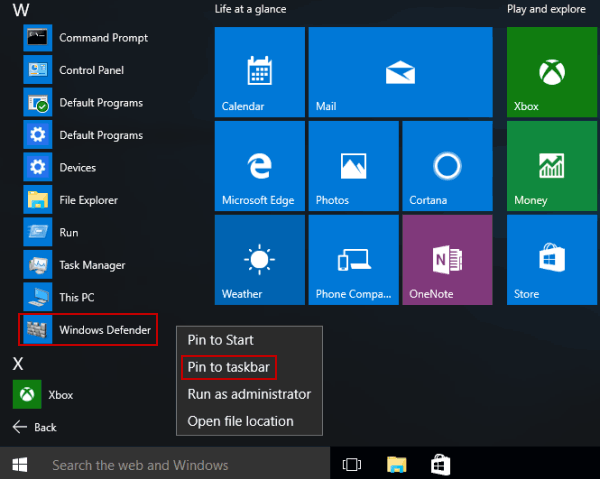 Pin Windows defender to taskbar
