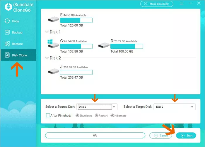 select source disk and target disk