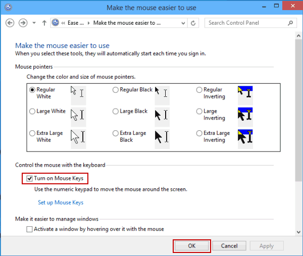 select Turn on mouse keys