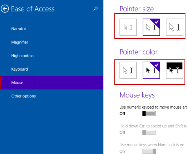 select new mouse pointer size and color