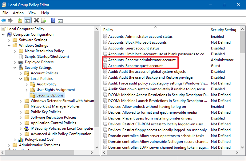 rename administrator or guest account
