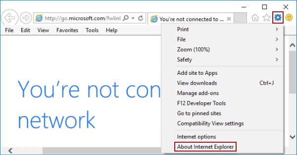 click tools icon and tap about internet explorer
