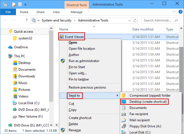 send event viewer shortcut to desktop