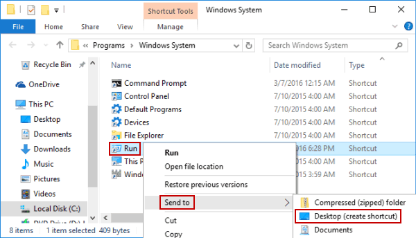 send run shortcut to desktop