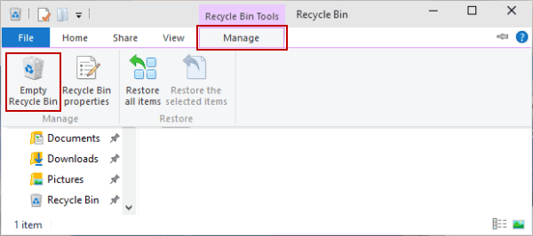 empty recycle bin in managge