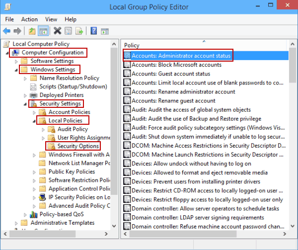 click Administrator account status policy