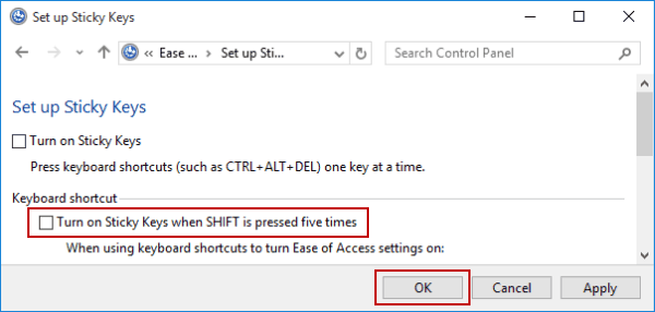 deselect shift keysetting