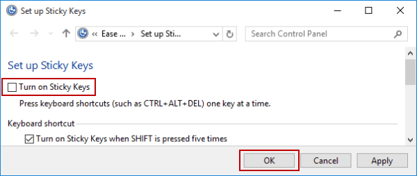 deselect turn on sticky keys