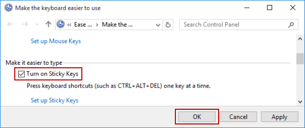 select turn on sticky keys