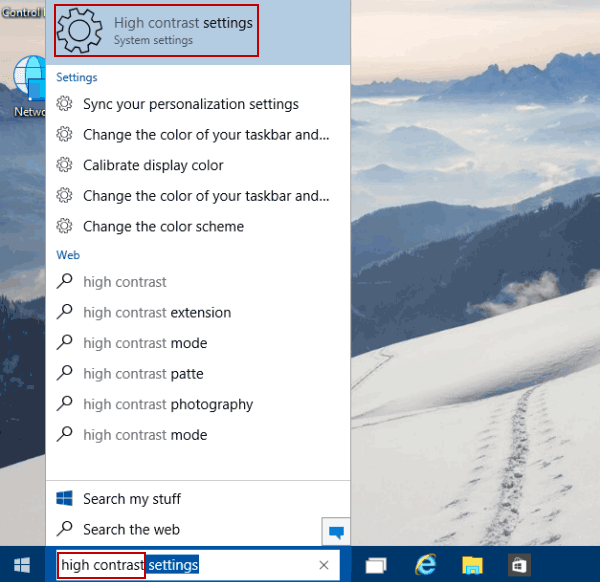 open high contrast settings via search