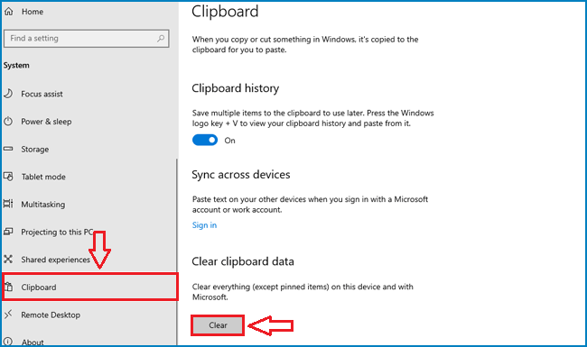 nhấp vào rõ ràng để xóa dữ liệu clipboard