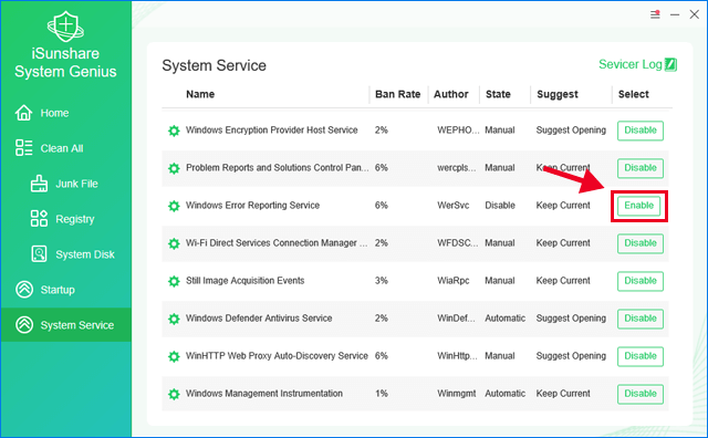 click enable to enable windows error reporting