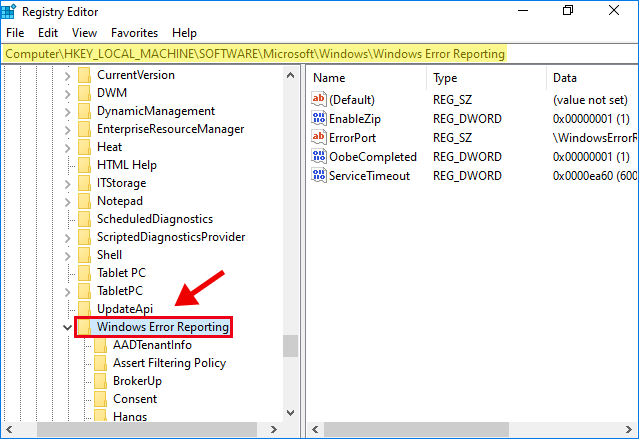 locate to the windows error reporting key