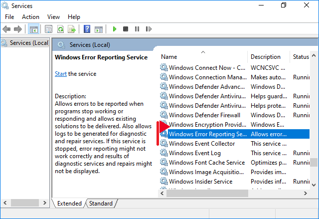 open windows error reporting properties