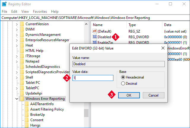 set the value data to 1