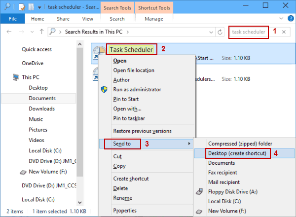 send task scheduler shortcut to desktop