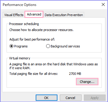click Change under Virtual memory option