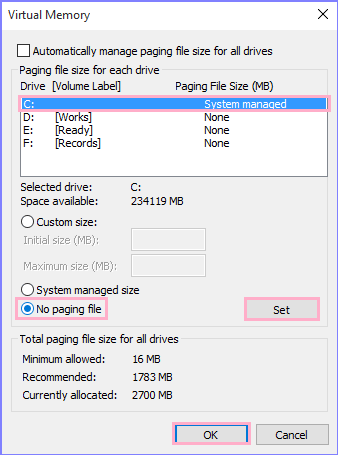 set no paging file
